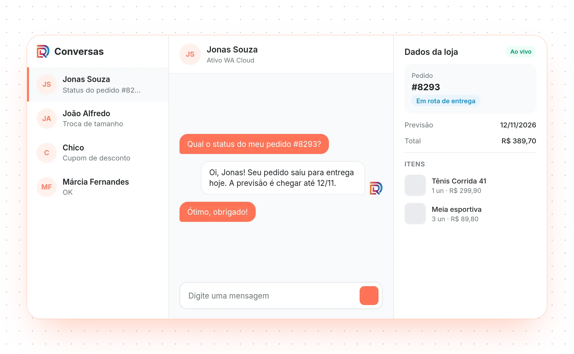 Atendimento com dados de e-commerce na conversa